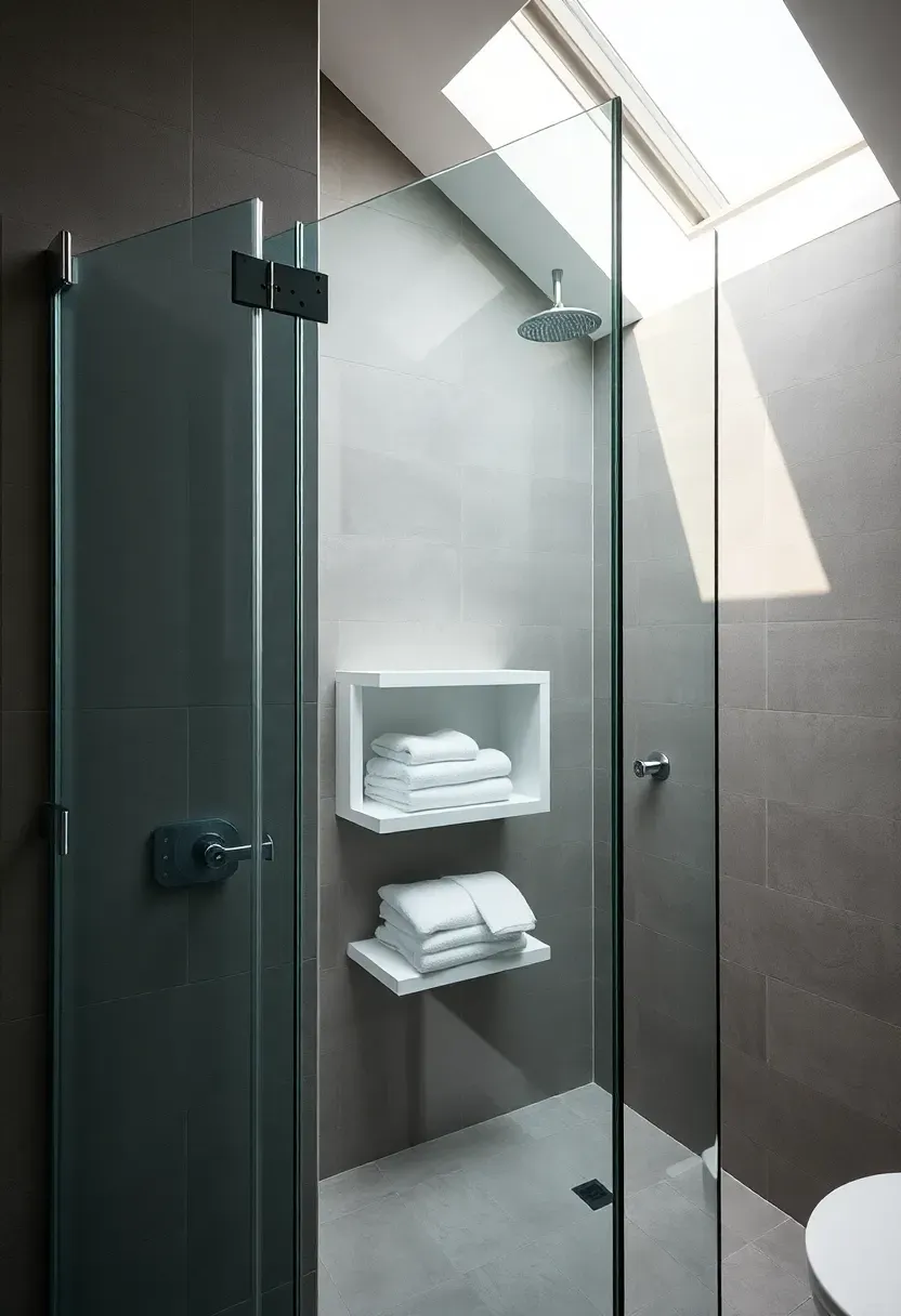 Modern bathroom with a frameless glass partition separating the shower area from a small linen closet