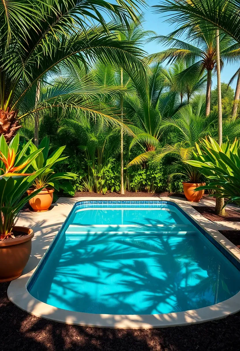 Hyper-realistic 3/4 view of above-ground pool surrounded by lush tropical planting beds with palm accents. Materials: dark pool framework largely hidden behind foliage, large terra cotta planters with queen palms, bird of paradise plants, tropical foliage with variegated leaves, mulched planting beds in dark brown. Warm tropical sunlight with palm frond shadows casting patterns across pool water and deck. Resort-style mood showing pool as focal point of tropical garden. Pool water in bright blue. Visible texture of palm trunks, glossy tropical leaves. Composition showing dense planting creating privacy screen. No text, no logos, no watermarks.</p>
