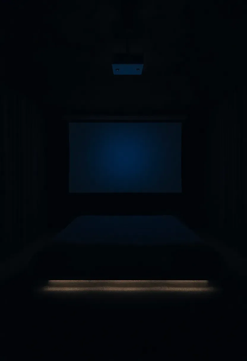 Basement bedroom doubling as a home theater with a projector screen on one wall, blackout conditions, and a platform bed facing the screen