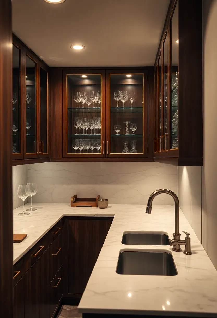 Elegant basement wet bar kitchenette with dark wood cabinets, a marble countertop, glass-front upper cabinets, and a small bar sink