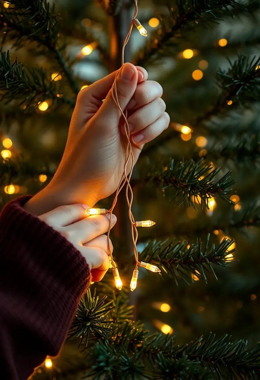 Hands wrapping warm white string lights around Christmas tree branches, weaving lights deep into the interior branches