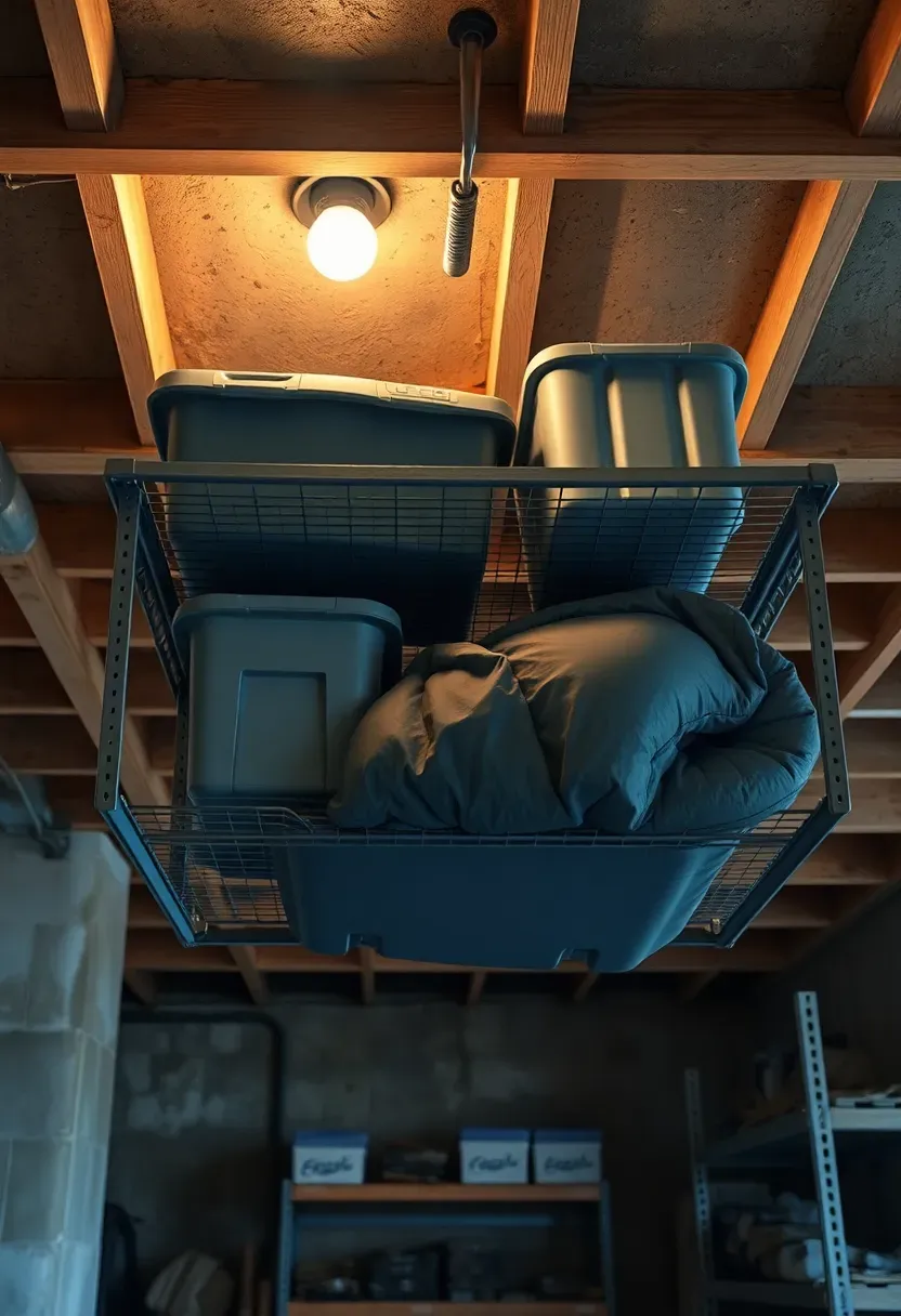 Ceiling-mounted overhead storage rack holding seasonal bins and luggage in a basement with exposed joists