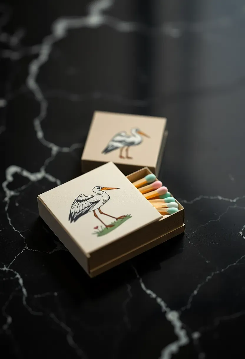 custom matchbox with an illustrated stork design and pastel tip on a dark marble surface
