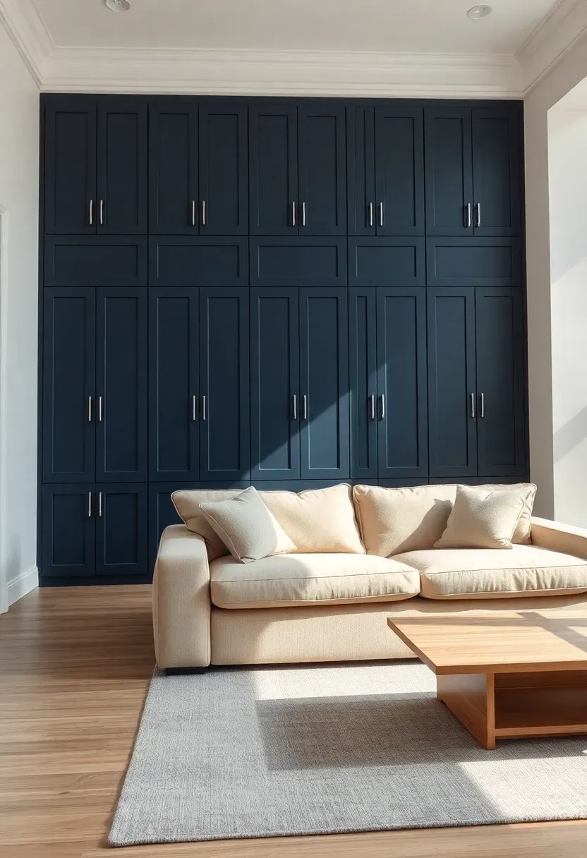 Hyper-realistic wide shot of minimalist living room with floor-to-ceiling built-in cabinets in navy blue, white walls, low beige sofa, light oak coffee table. Materials: matte navy blue cabinet paint, crisp white walls, beige linen sofa, light oak wood table, gray wool rug. Soft natural daylight, subtle shadows showing cabinet depth and hardware, organized and sophisticated atmosphere. Sharp contrast between navy and white surfaces, clean composition with no visible clutter, no text, no logos.</p>