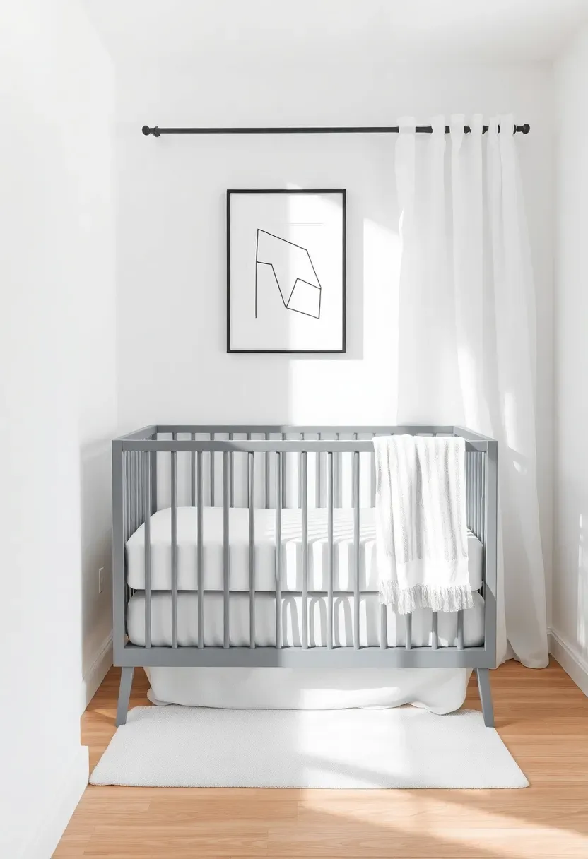 minimalist white and gray boy nursery with sleek crib sheer curtains and simple wall art