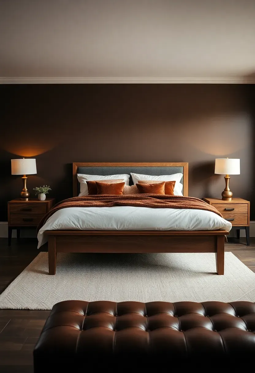 Hyper-realistic wide shot of a moody bedroom with espresso brown walls, queen bed with cream duvet and brown velvet shams, wood bed frame in medium oak, bronze table lamps. Visible room context with cream area rug, brown leather bench at foot of bed. Materials: matte espresso paint, cream cotton, brown velvet, medium oak wood, bronze, brown leather. Warm amber lighting from bronze lamps, rich shadows on bedding. No text, no logos, no watermarks.</p>