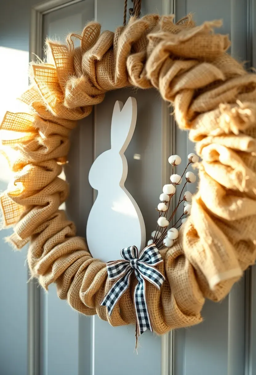 burlap bunny silhouette Easter wreath with a white rabbit cutout on a natural grapevine base