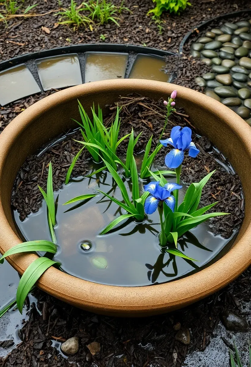 A bowl-shaped rain garden flower bed in a backyard low point with native irises, sedges, and Joe Pye weed after a recent rain