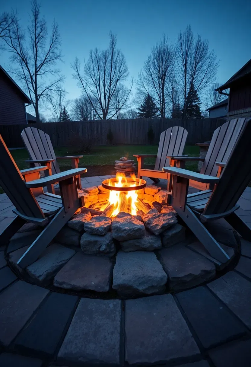 Rustic stone circle fire pit with weathered Adirondack chairs on flagstone patio at twilight