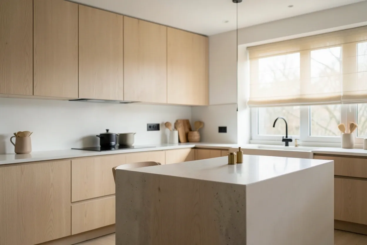 Modern Scandinavian kitchen with light wood flat-panel cabinets, white countertops, and minimalist pendant lighting — clean Nordic design for a rental apartment