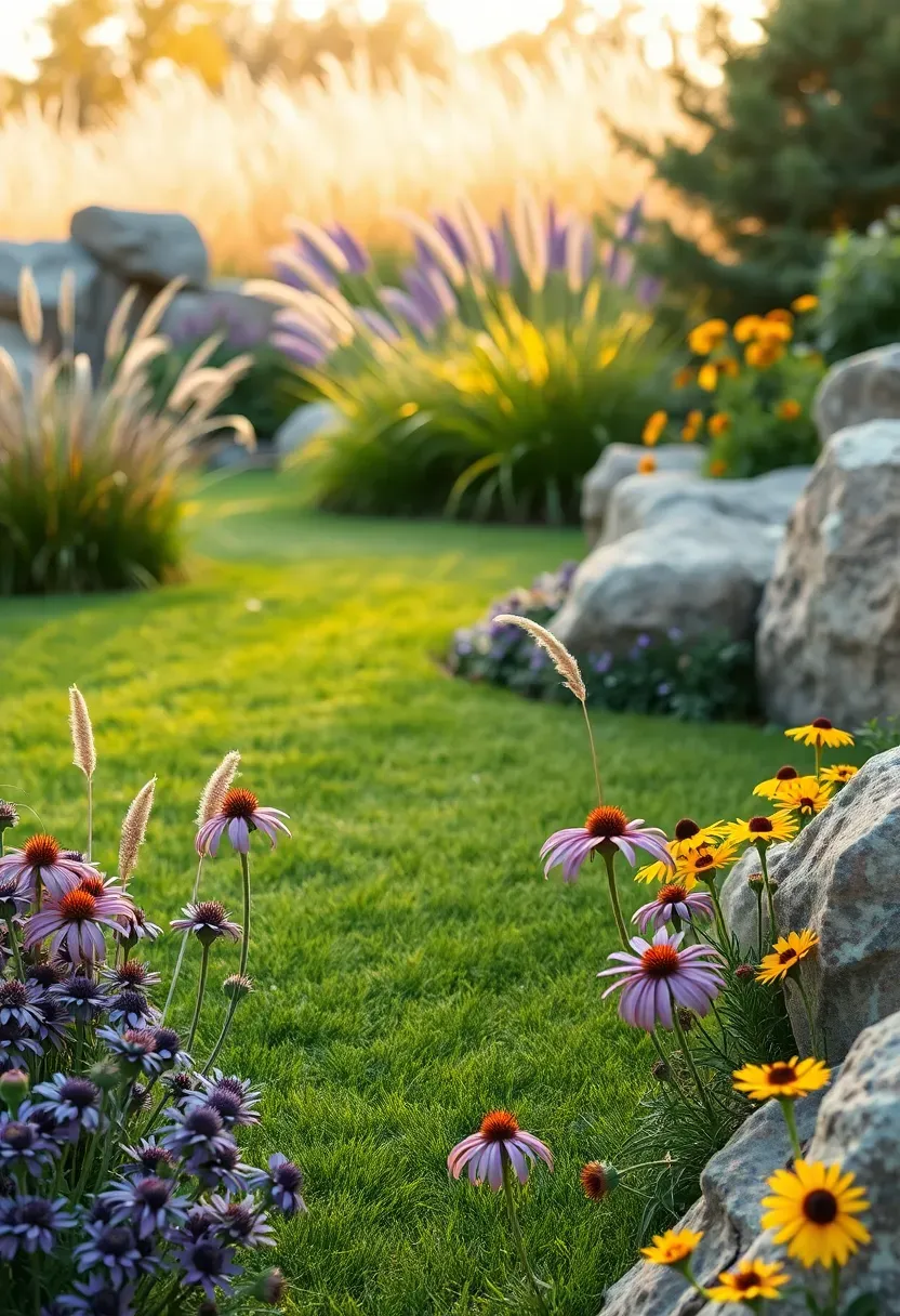 Backyard landscape blending synthetic turf open areas with clusters of native grasses, wildflowers, and ornamental boulders
