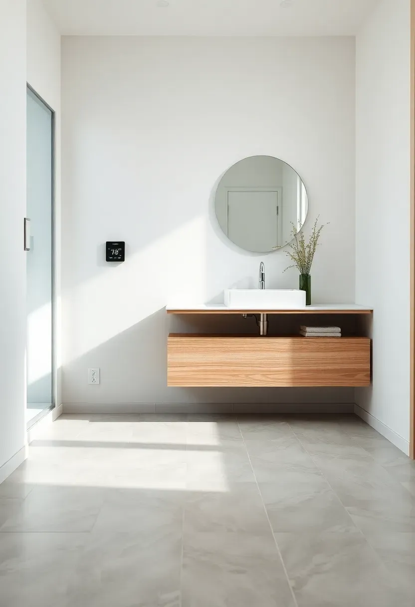 Bathroom floor with electric radiant heating system installed beneath light grey porcelain tile with thermostat visible