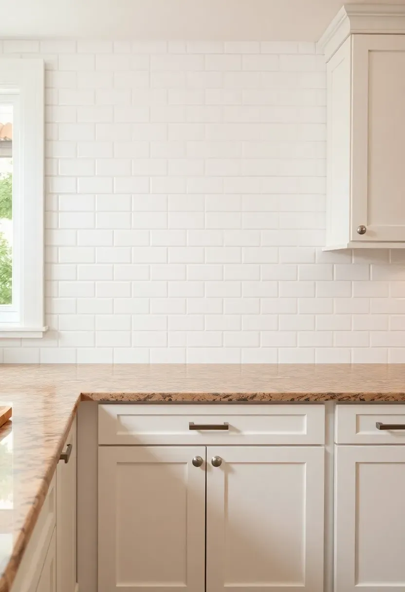 classic white subway tile backsplash with fantasy brown granite countertop and white shaker cabinets