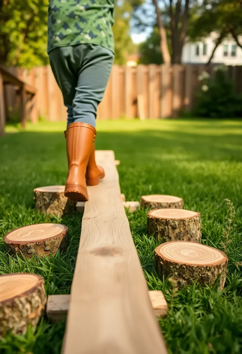 A toddler walking across a DIY backyard balance beam course made from low wooden beams on grass, with tree stumps at varying heights alongside the path