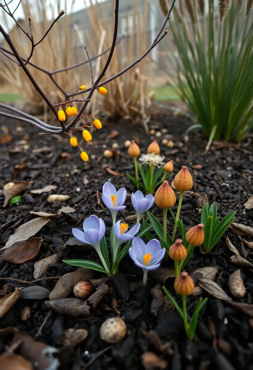 A four-season backyard flower bed showing witch hazel branches, early crocuses, summer coneflowers, and ornamental grasses coexisting in a planned succession