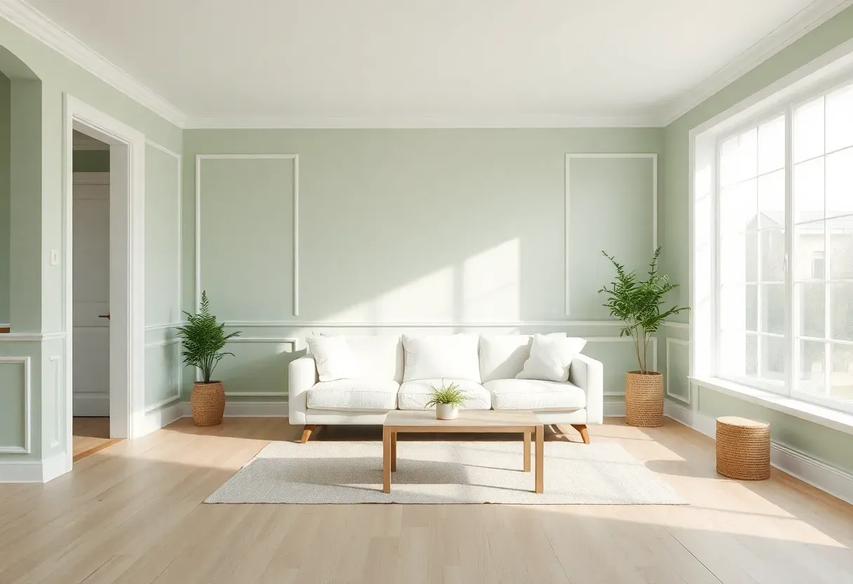 Sage green minimalist living room with serene atmosphere