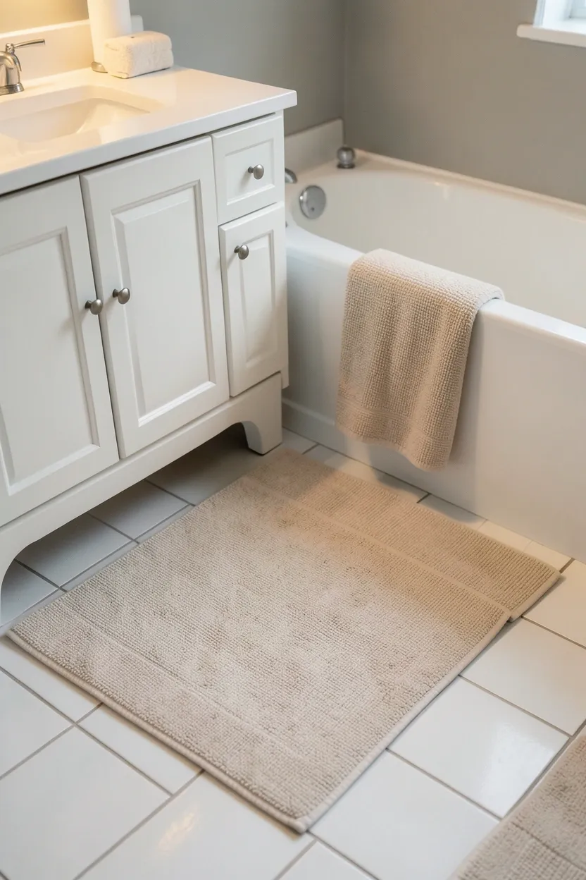Blue woven storage baskets on bathroom floor holding rolled white towels and extra toilet paper in a calm rental bathroom