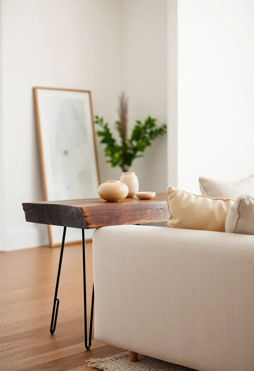 Hyper-realistic 3/4 view of raw wood console table behind linen sofa in rustic minimalist living room. Materials: rough-hewn walnut console with natural edge, hairpin legs, cream linen sofa back, minimal ceramic objects and lamp on console surface. Soft ambient daylight. Composition showing console as textural accent. Shallow depth of field. No text, no logos, interior design magazine style.</p>