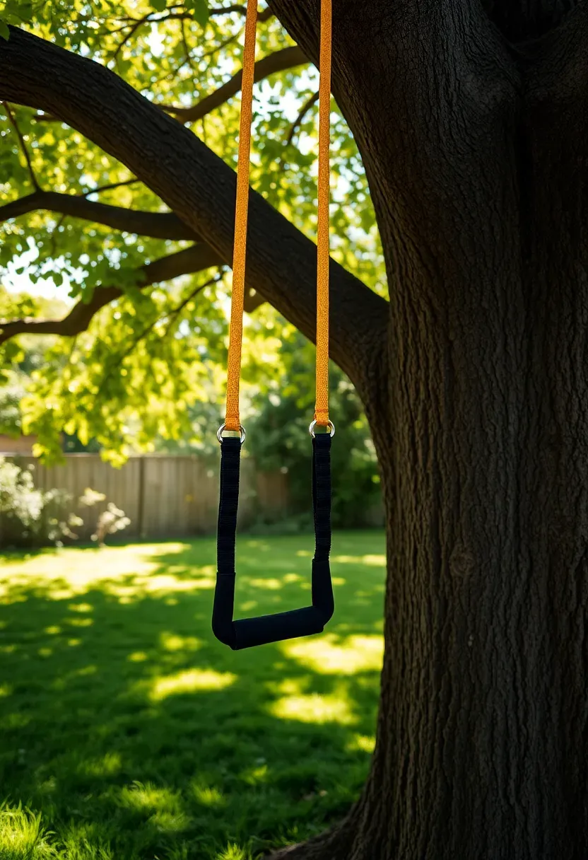 TRX suspension trainer straps hanging from a thick tree branch in a backyard, with handles at waist height, dappled sunlight through leaves, and grass below