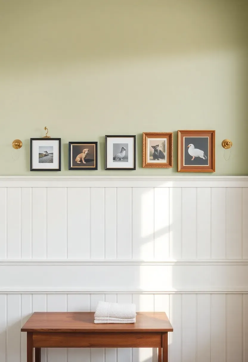 Long horizontal picture rail molding running along a bathroom wall above the wainscot with five framed pictures hanging from brass hooks and chains
