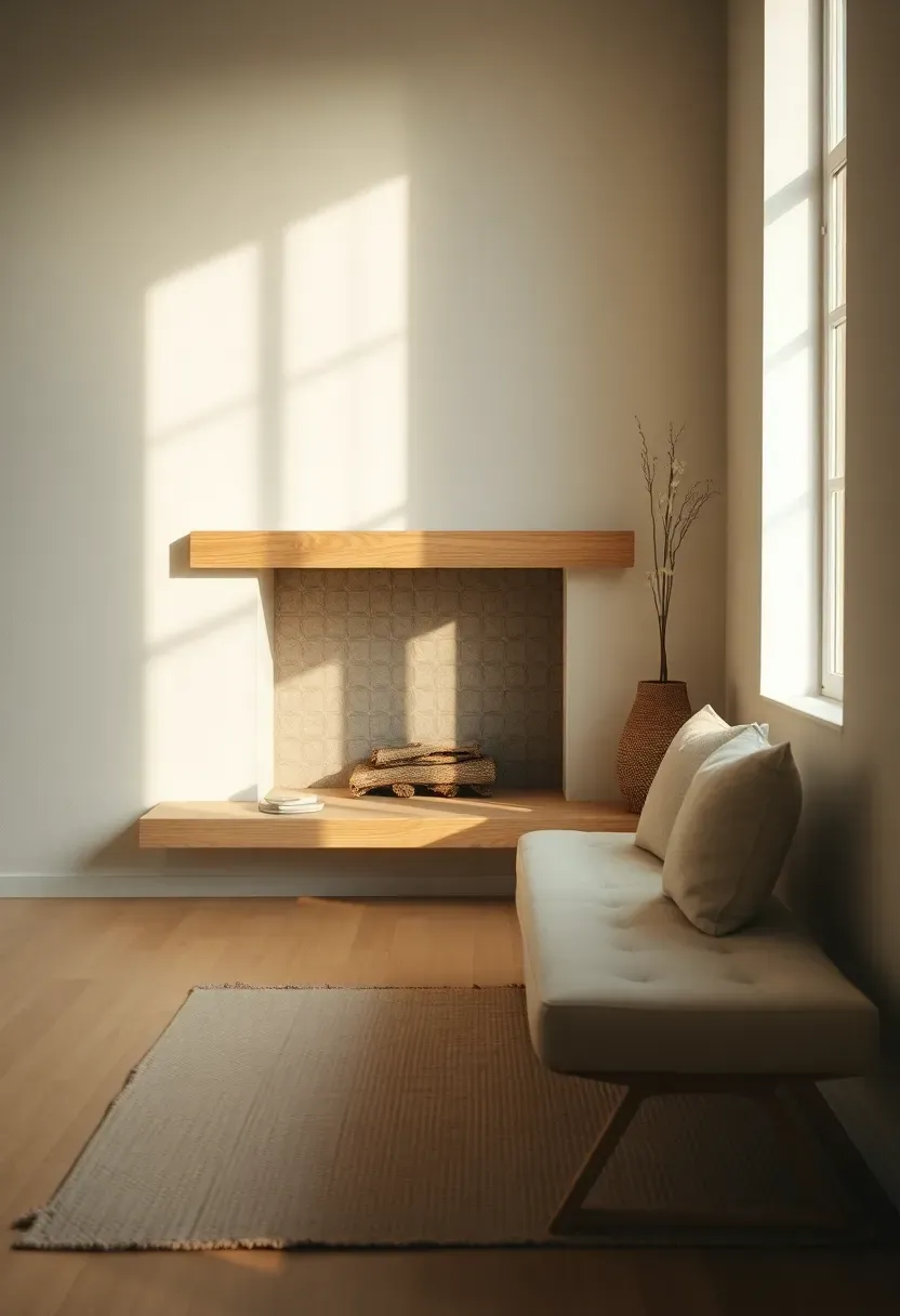 Minimal fireplace with long bench opposite