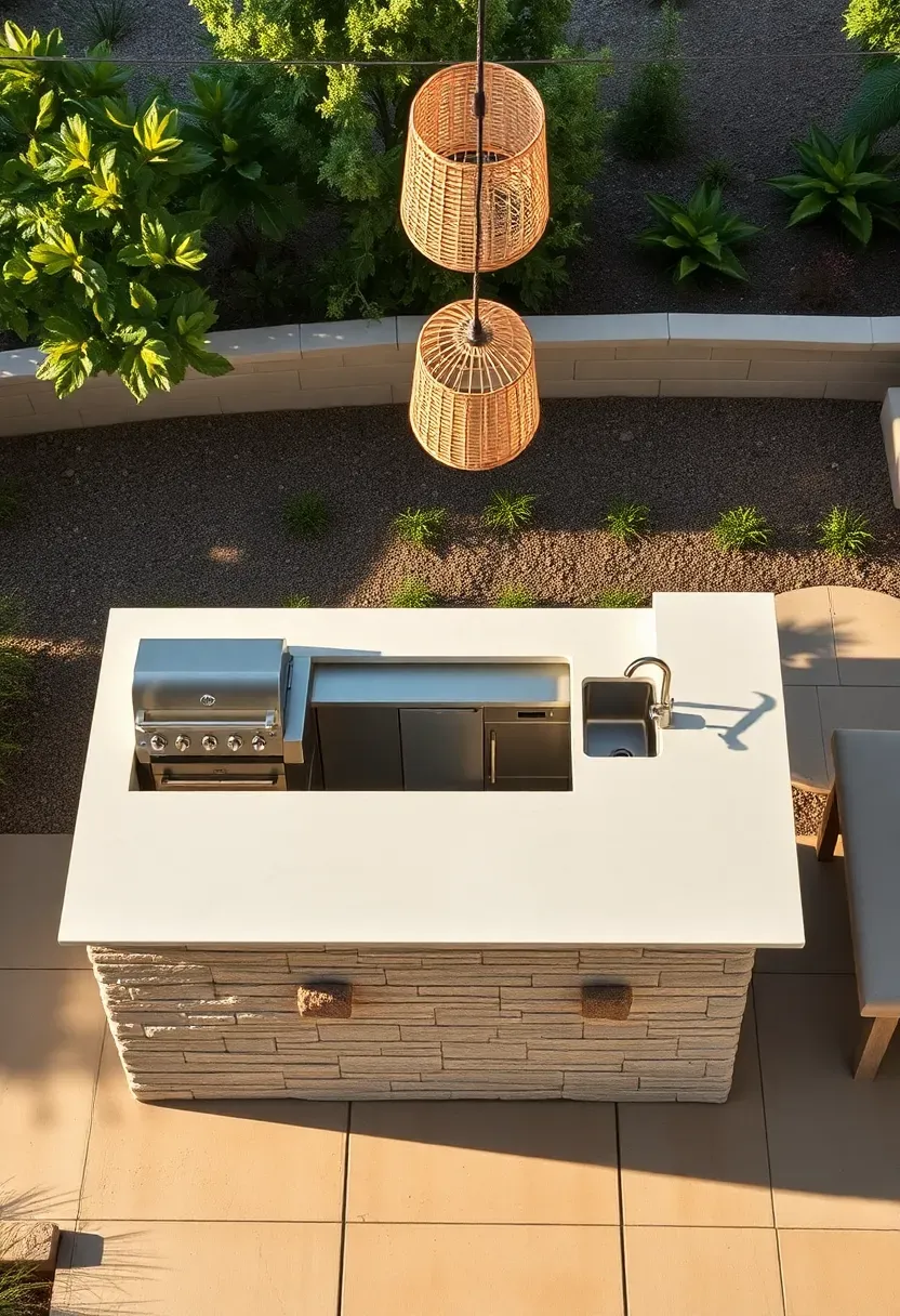 Hyper-realistic overhead 3/4 view of a rectangular outdoor kitchen island with built-in gas grill on one side, prep sink on another, and bar seating on the third, featuring quartz countertop in soft white, stone veneer base, and woven pendant lights suspended above. Materials: quartz countertop, stone veneer, stainless steel fixtures. Warm late afternoon sun casting long shadows, neutral palette with natural stone accents. Central gathering point mood, sharp details on countertop and grill, surrounding patio and landscaping visible. No text, no logos, no watermarks.</p>
