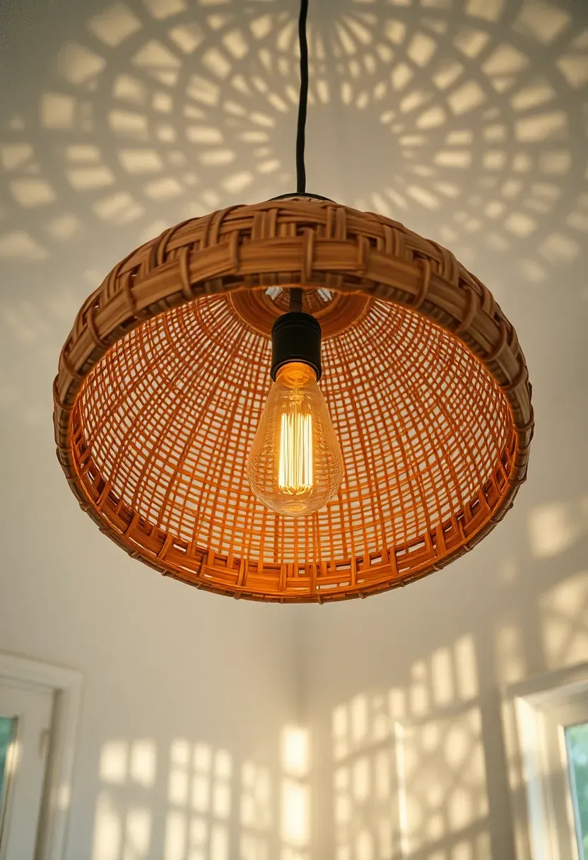 Large open-weave rattan pendant light hanging from a sunroom ceiling with a warm Edison bulb glowing inside and woven shadow patterns cast on surrounding walls