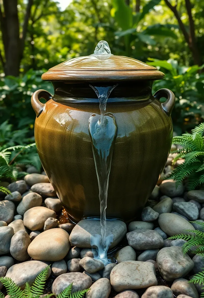 A large ceramic urn fountain bubbling water over its rim onto a bed of smooth river stones in a garden setting