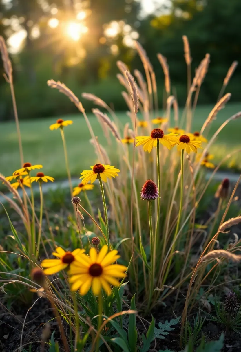 Native wildflower meadow patch in a backyard corner with black-eyed Susans, purple coneflower, and little bluestem grass in golden late summer light