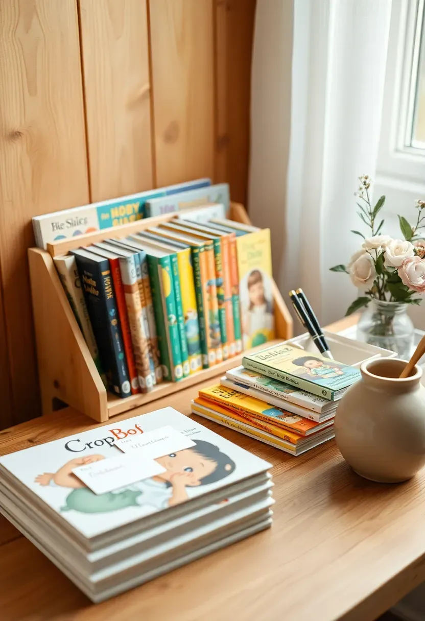 build a library gift table at baby shower with children's books and decorative shelves