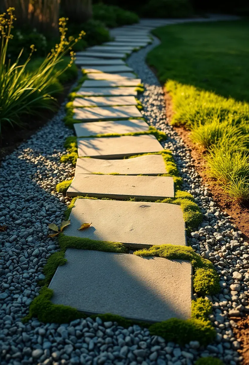 A casual garden path made from irregularly spaced square concrete stepping stones set into pea gravel, winding through a backyard with low ground cover plants growing between gaps