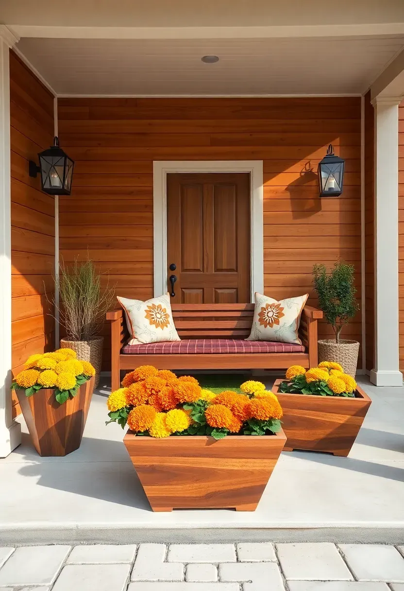 Hyper-realistic wide shot of a mid-century modern front porch with fall accents. Tapered teak planters in wide, low profiles contain mums in mustard yellow and burnt orange arranged in geometric clusters. A low-profile bench in walnut wood sits against the wall with throw pillows featuring atomic-starburst patterns in cream and orange. Geometric lanterns with clean lines flank the front door. Porch has horizontal cedar siding in warm natural finish. Concrete pavers form the floor. Soft afternoon light with defined shadows. No text, no logos, no watermarks.</p>
