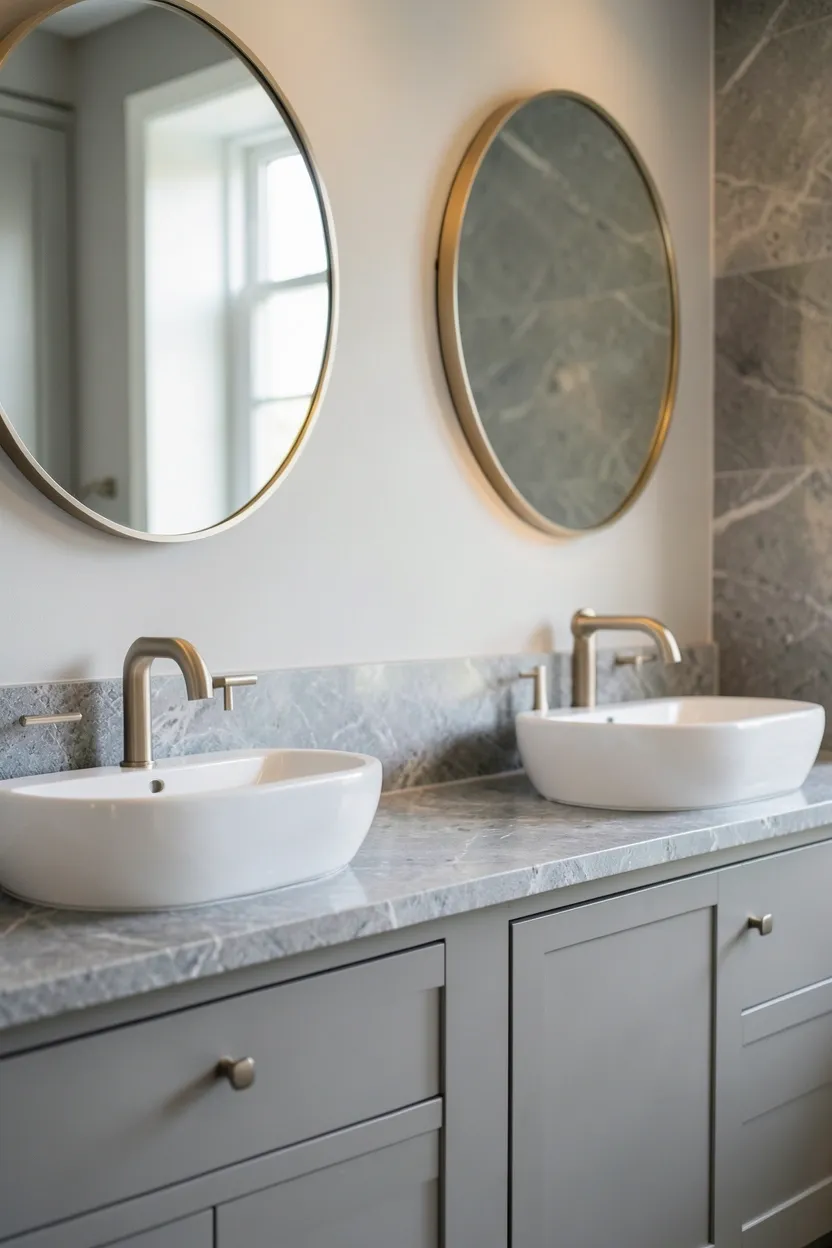 Light grey double vanity with two sinks and integrated mirrors in a bright modern master bathroom