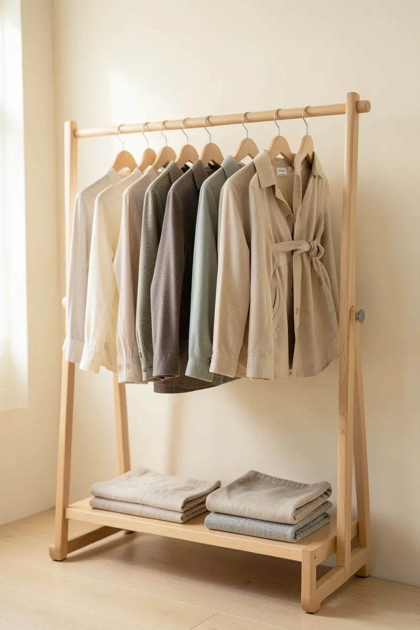Open clothing rack with wooden rods and matching oak hangers displaying curated wardrobe in a japandi bedroom