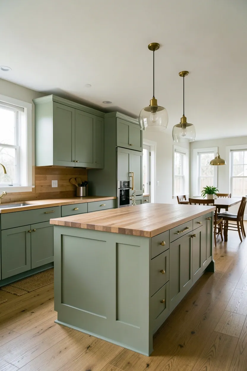 Hyper-realistic wide shot of a fall kitchen with sage green cabinetry and warm wood elements. Flat-panel cabinets painted in muted sage green throughout. Warm butcher block countertop in light oak with visible grain. Oak flooring continues from kitchen into visible dining area. Brass hardware on all cabinets and drawers. Large island in same sage green with butcher block top. Two pendant lights in brass glass over island. Natural light from windows. Clean surfaces with minimal decor. No text, no logos, no watermarks.</p>