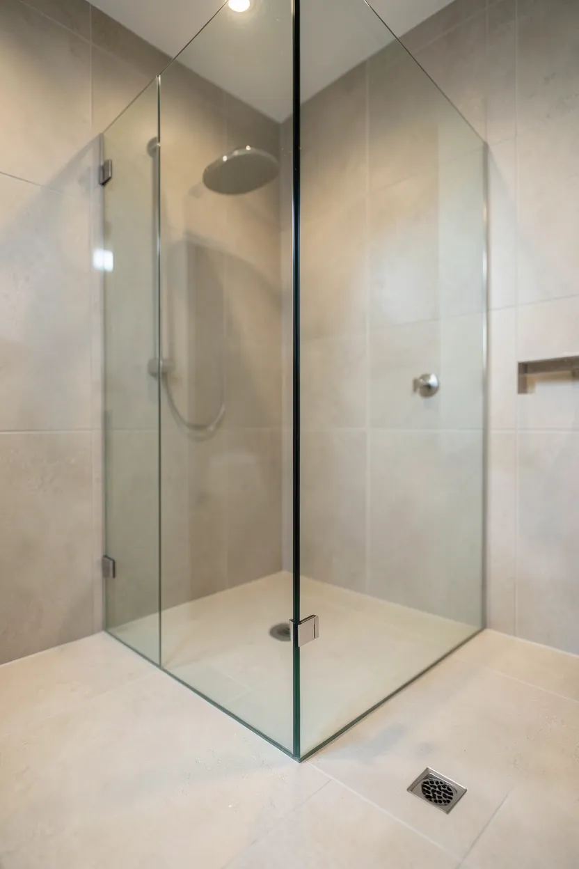 White oval freestanding bathtub with matte black floor-mount faucet on large-format tile in a modern bathroom