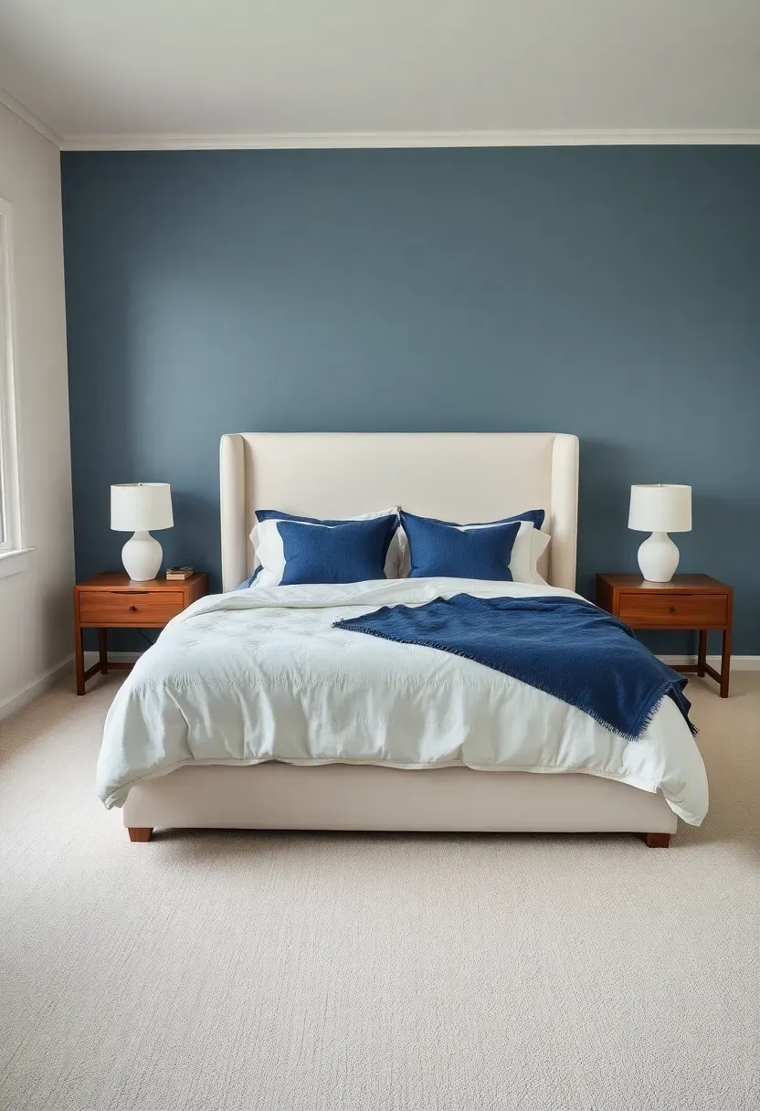 guest bedroom with slate blue accent wall behind a white upholstered bed with navy and cream layered bedding