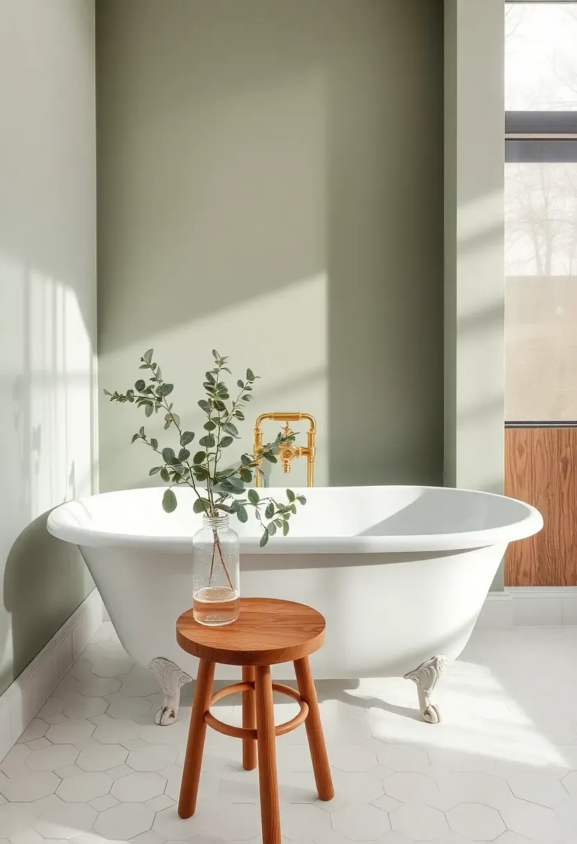 bathroom with sage green accent wall behind a freestanding white bathtub with brass fixtures and eucalyptus branches