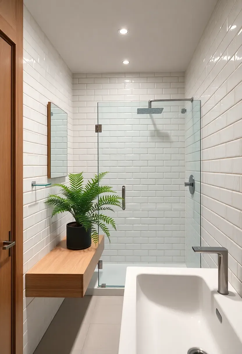 Scandinavian style spa bathroom in a basement with light wood vanity, rainfall shower, white subway tile, and potted greenery