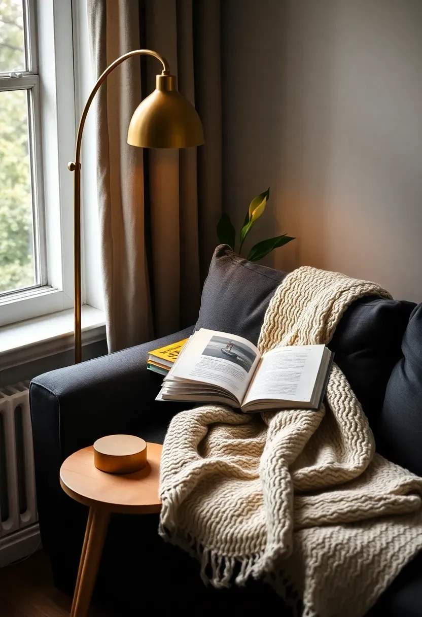 Hyper-realistic 3/4 view of living room corner with dark grey couch, brass arc floor lamp over one end, small wood side table with stack of books, current magazine open, chunky knit throw draped, potted peace lily nearby, window with natural light. Materials: charcoal fabric, polished brass, light oak wood, paper pages, cream knit throw, green plant leaves. Warm focused light from floor lamp creating reading pool. Reading nook mood like cozy library corner. Shallow depth of field, visible book spines and lamp detail. No text, no logos, no watermarks.</p>
