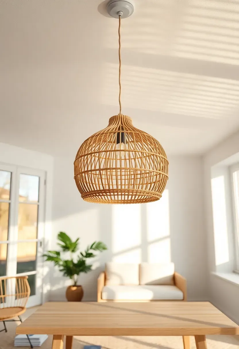 Natural rattan pendant light hanging from a white ceiling in a modern sunroom over a low wooden coffee table