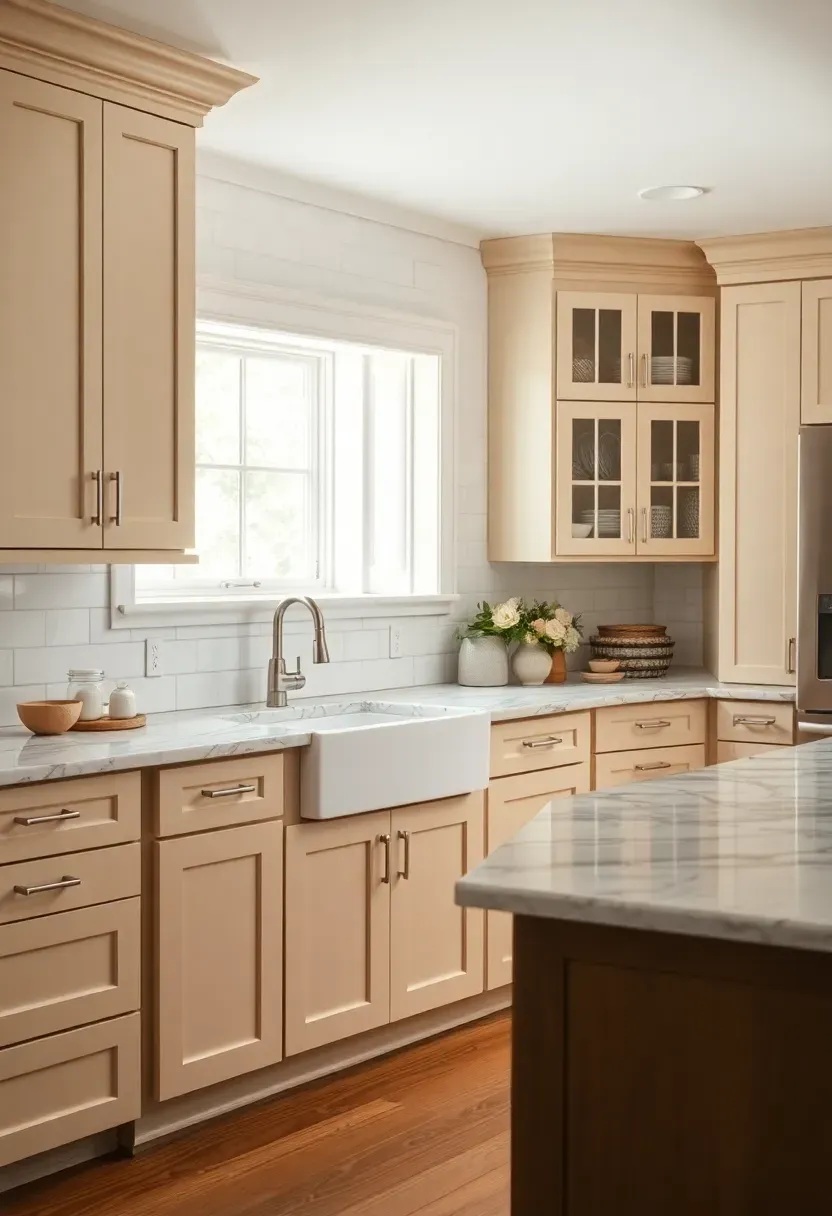Hyper-realistic 3/4 view of a neutral kitchen with beige shaker cabinets and marble countertops with warm gray veining. Materials: beige painted shaker cabinets with clean edges, Carrara marble countertops with soft gray veining, white ceramic subway tile backsplash, brushed nickel hardware, warm oak hardwood flooring. Natural light from window over sink, reflecting on marble surface. Visible farmhouse sink and marble island with seating. Classic timeless mood. Shallow depth of field showing shaker cabinet detail, sharp marble veining. No text, no logos, no watermarks.</p>