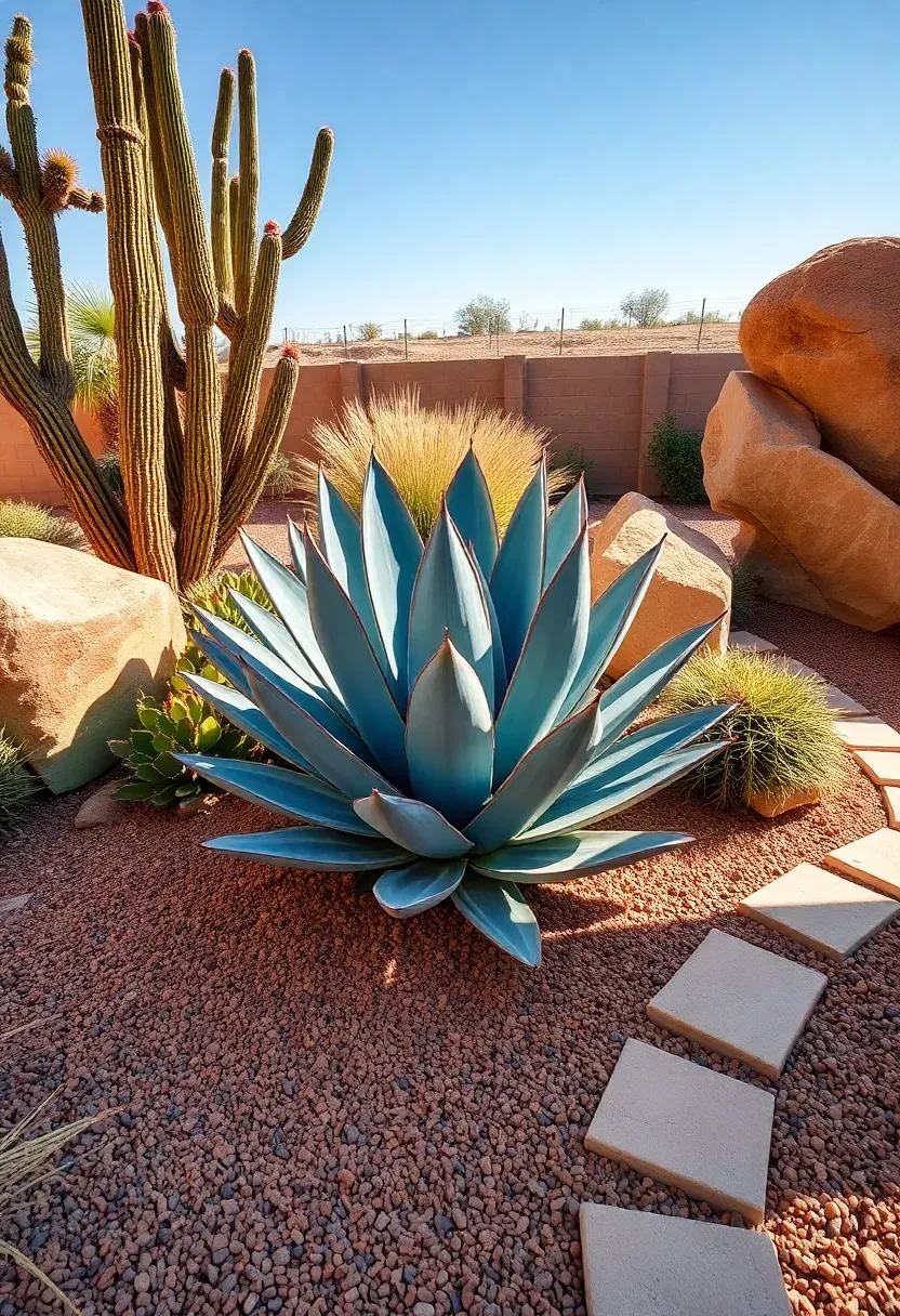 Desert oasis backyard with agave, prickly pear cactus, ornamental boulders, and a gravel garden path under clear blue sky