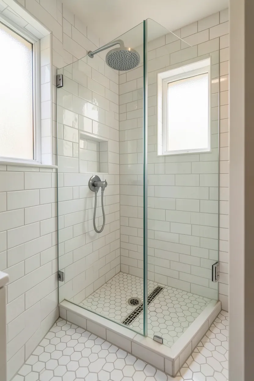 Curbless compact walk-in shower with glass panel in a small bathroom maximizing every square foot