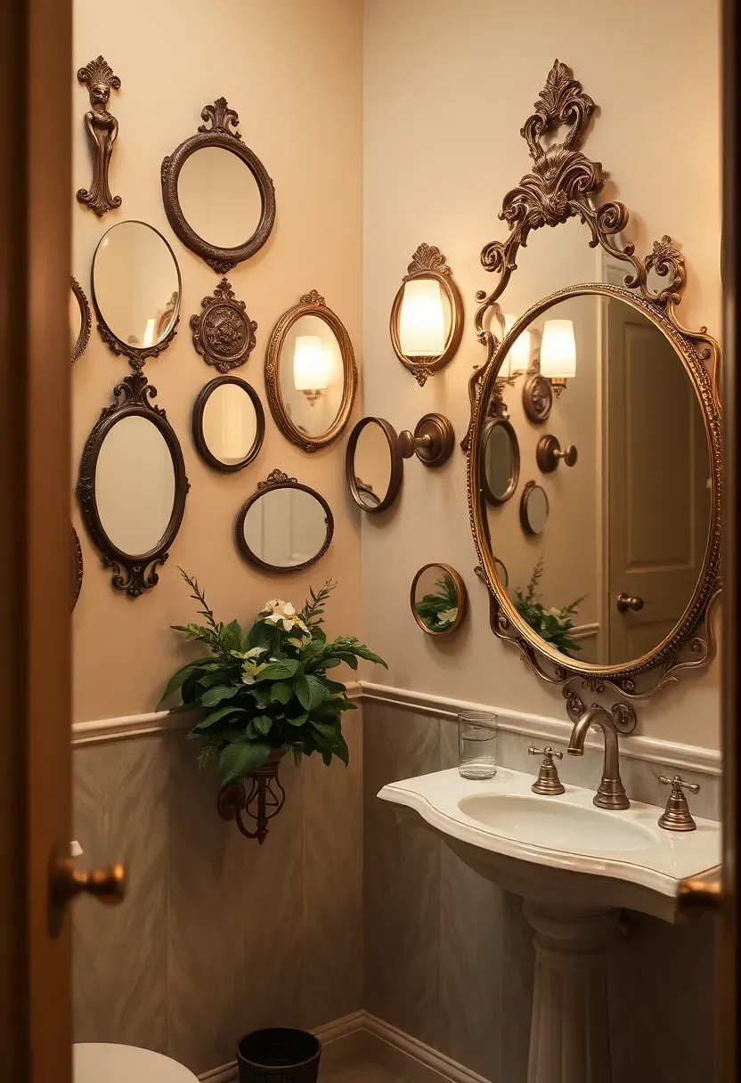 Eclectic collection of ornate antique mirrors in varied sizes and gilded frames arranged as gallery wall in a small guest bathroom
