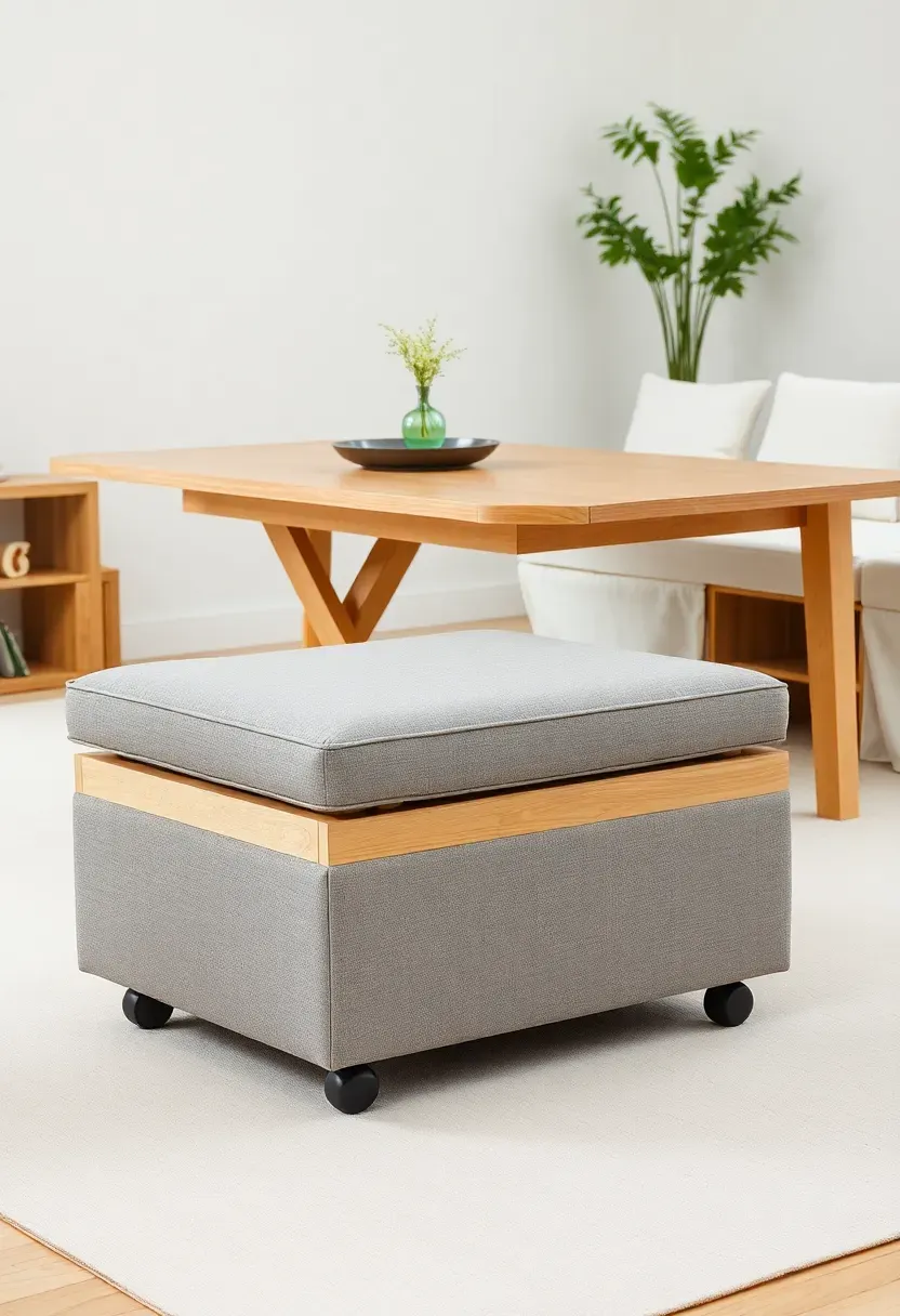 Hyper-realistic 3/4 view of a multi-functional minimalist furniture arrangement featuring a storage ottoman used as coffee table and extendable dining table with bench seating. Materials: light wood table with collapsible leaf, gray upholstered storage ottoman on caster wheels, white linen bench with storage. Natural light showing clean uncluttered room with white walls. Visible room context showing the pieces serving dual purposes. Sharp focus on furniture details and hardware. No text, no logos, no watermarks.</p>