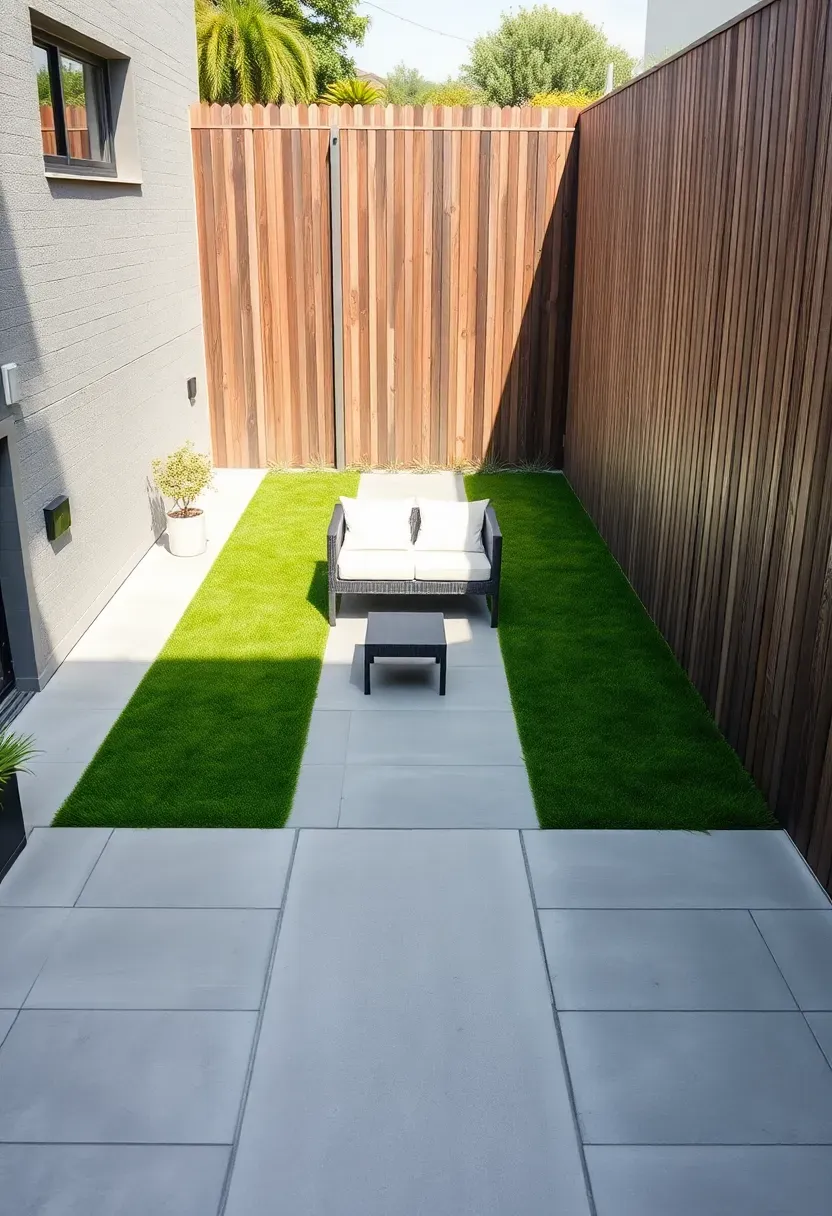 A modern backyard with three parallel bands of gray concrete pavers separated by two channels of vibrant green turf running the length of a narrow yard