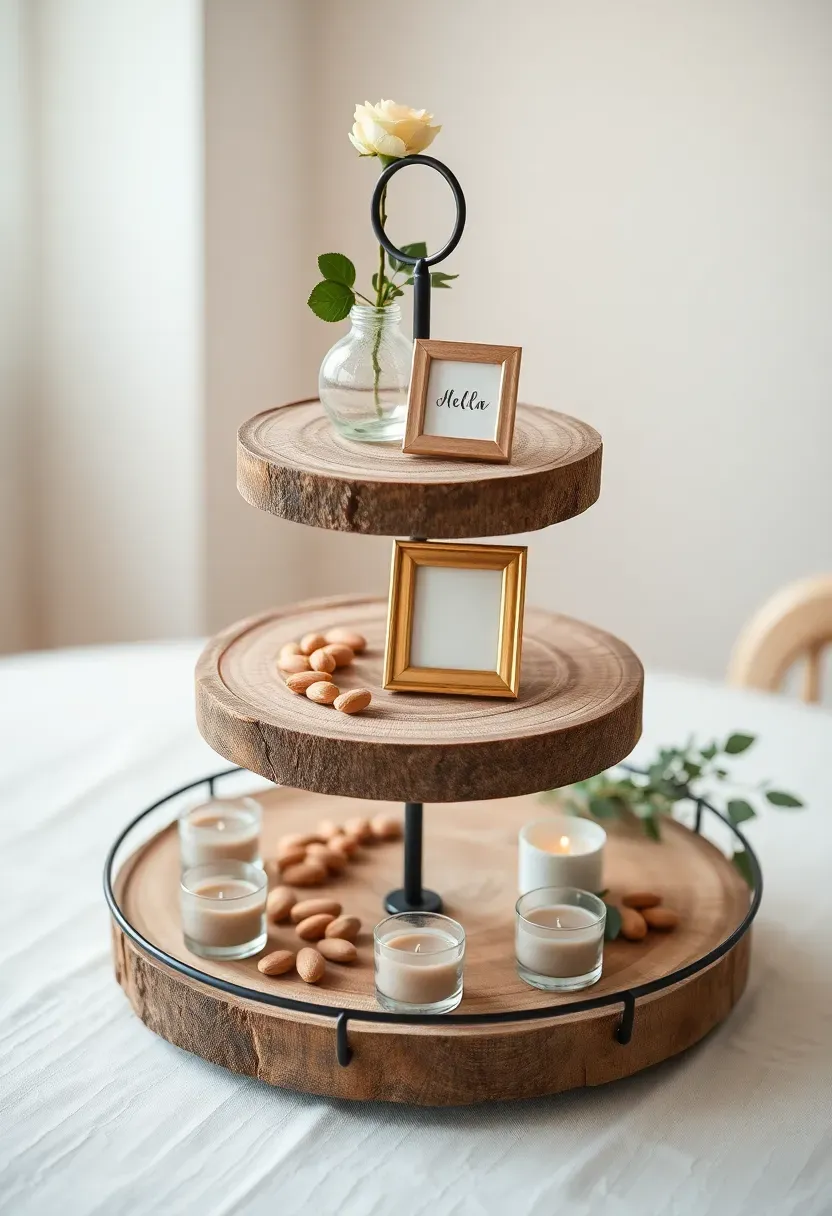 three-tier rustic wooden tray display with baby items flowers and candles as a baby shower centerpiece