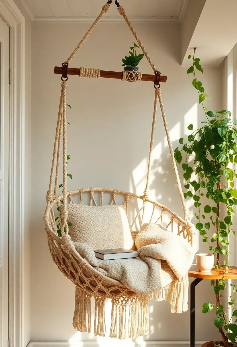 Macrame hanging chair on a sun room porch with a cozy blanket and book, surrounded by trailing plants
