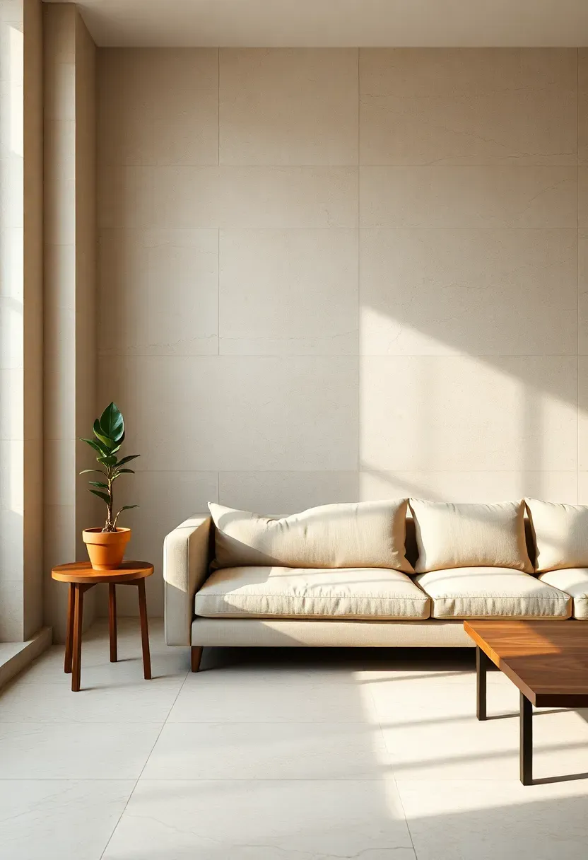 Hyper-realistic 3/4 view of minimalist living room featuring raw limestone accent wall from floor to ceiling. Low-profile beige sofa, sleek walnut side table, single potted snake plant. Materials: honed limestone with natural fossil patterns, walnut wood, linen upholstery, terracotta pot. Soft diffused daylight from left creating gentle shadows on stone texture. Serene organic modern mood, earth tone palette. Shallow depth of field, sharp details on stone surface texture, minimalist furniture arrangement, visible room context with window.</p>